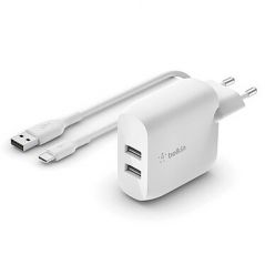 Belkin Chargeur secteur portatif 2 ports USB-A 24 W avec câble USB-A vers USB-C - Blanc