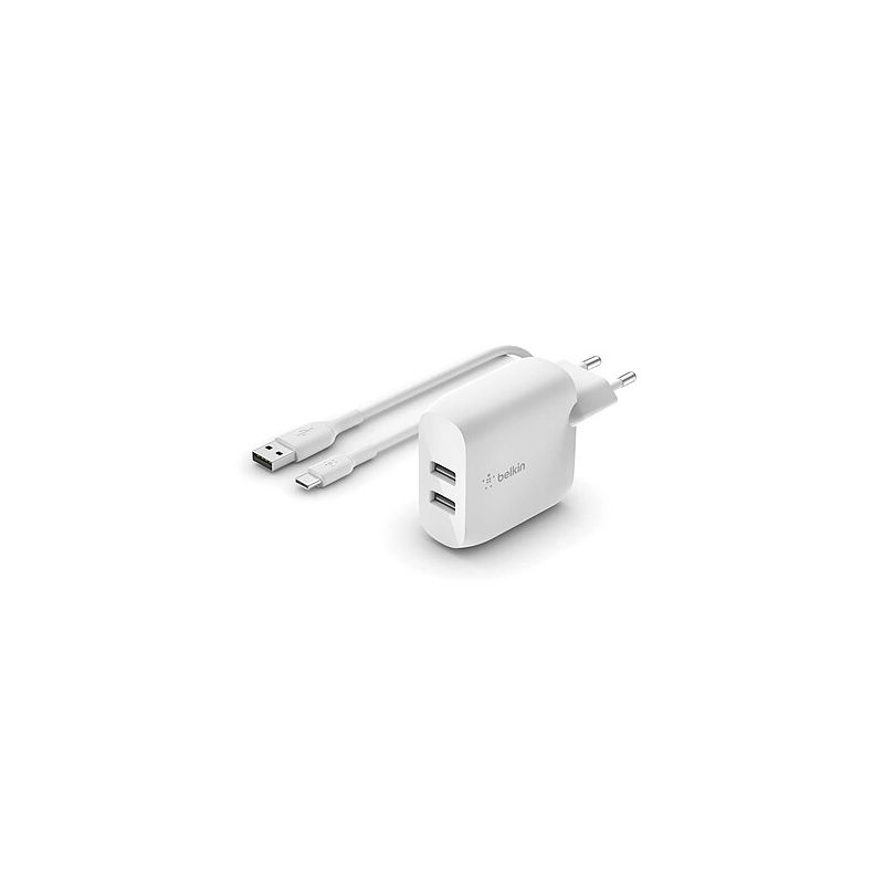 Belkin Chargeur secteur portatif 2 ports USB-A 24 W avec câble USB-A vers USB-C - Blanc