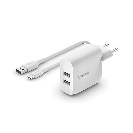 Belkin Chargeur secteur portatif 2 ports USB-A 24 W avec câble USB-A vers USB-C - Blanc