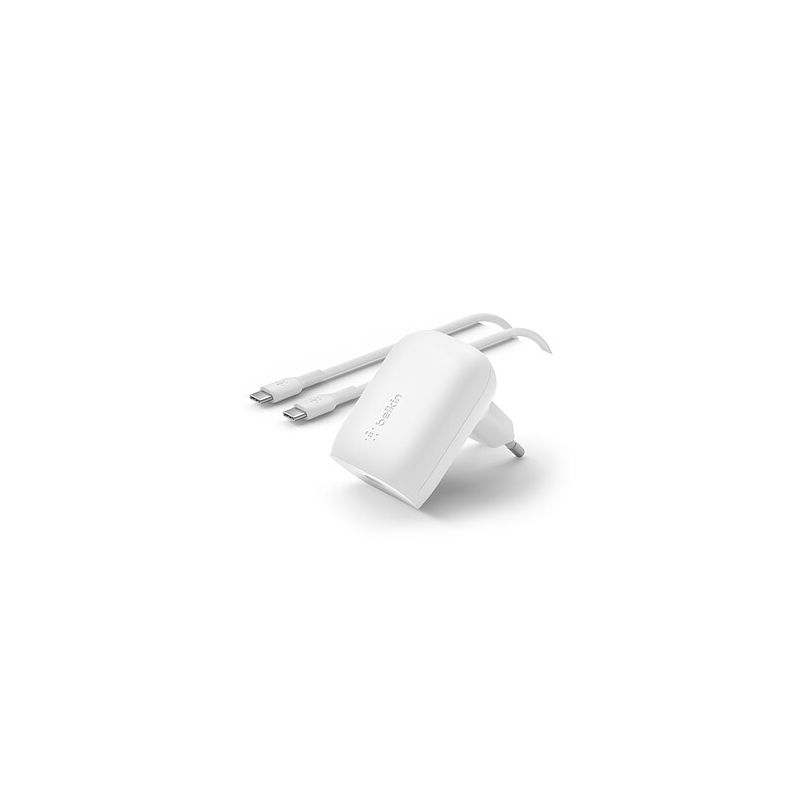 Belkin Chargeur secteur portatif USB-C 30 W avec câble USB-C vers USB-C - Blanc Belkin Chargeur secteur portatif USB-C 30 W avec câble USB-C vers USB-C - Blanc