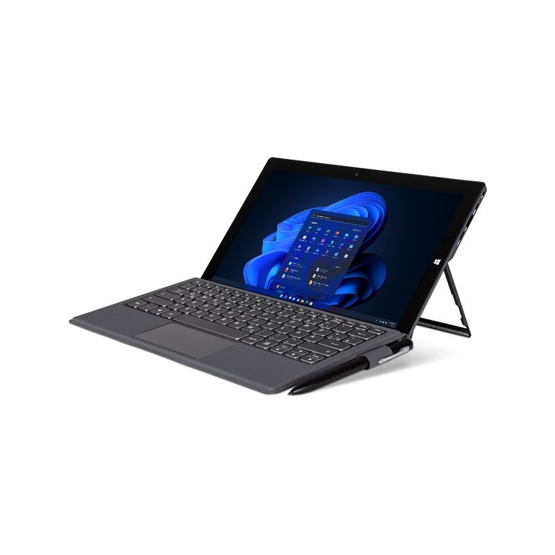 tablette terra pad 1162 vue face de biais avec accessoire stylet et clavier fond d'cran windows 11