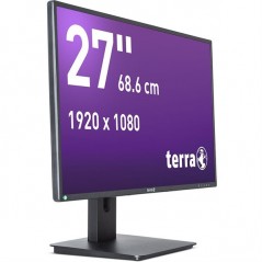 Ecran Terra 2756W vue de biais fond d'ecran violet écriture blanche "27" - 686 cm - 1920 x 1080" logo terra blanc