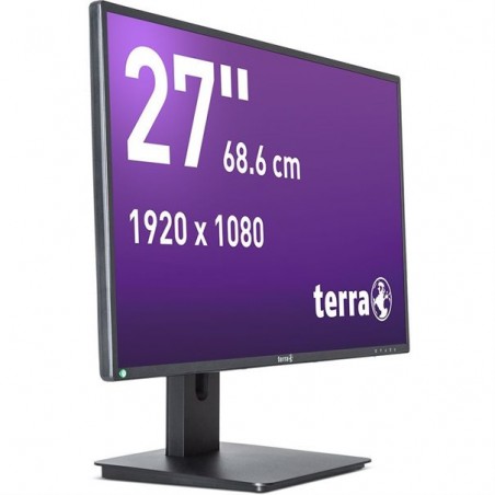 Ecran Terra 2756W vue de biais fond d'ecran violet écriture blanche "27" - 686 cm - 1920 x 1080" logo terra blanc