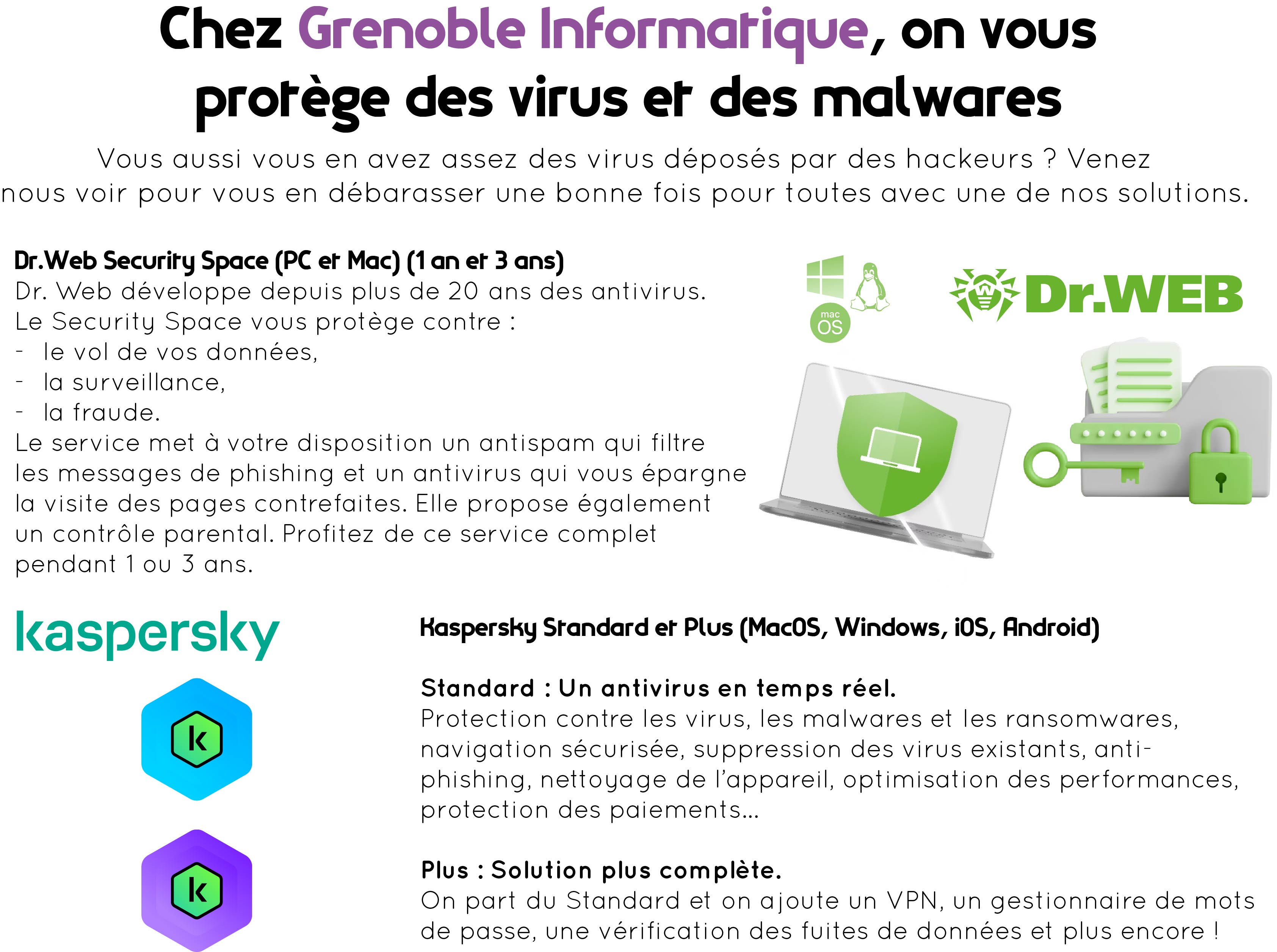 Partie supérieure au centre : "Chez Grenoble Informatique, on vous protège des virus et des malwares. Vous aussi, vous en avez assez des virus déposés par des hackeurs ? Venez nous voir pour vous en débarrasser une bonne fois pour toutes avec une de nos solutions." Le reste de l'image est découpé en 4 autres parties, 2 dans la partie centrale et 2 dans la partie inférieure. Dans la partie centrale à gauche, paragraphe "Dr. Web Security Space (PC et Mac) (1 an et 3 ans). Dr. Web développe depuis plus de 20 ans des antivirus. Le Security Space voous protège contre : le vol de vos données, la surveillance, la fraude. Le service met à votre disposition un antispam qui filtre les messages de phishing et un antivirus qui vous épargne la visite de pages contrefaites. Elle propose également un contrôle parental. Profitez de ce service complet pendant 1 ou 3 ans. Ad oite de ce txte, éléments de la chate de Dr.Web dont le logo, les logos Linux, Micorsoft et Apple aux couleurs de l'entreprise, un ordi avec un antivirus installé et un dossier protégé avec des documents, un cadenas et une clé. Dans la partie inférieure de l'image, à gauche, on retrouve le logo de Kapsersky ainsi que les logos qui vont avec les deux formats d'antivirus de la marque. A droite, paragraphe descriptif : "Kaspersky Standard et Plus (MacOS, Windows, iOS, Android). Standard : un antivirus en temps réel. Protection contre les virus, les malwares et les ransomwares, navigation sécurisée, suppression des virus existants, anti-phishing, nettoyage de l'appareil, optimisation des performances, protection des paiements... Plus : Une solution plus complète. On part  du standard et on ajoute un VPN, un gestionnaire de mots de passe, une vérification des fuites de données, et plus encore !
