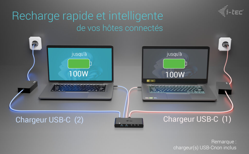 photo de 2 notebook branchés, un avec des fils rouge et lautre des fils bleu, tous les deux branché à la station d'accueil i-tec en train de recharger la batterie