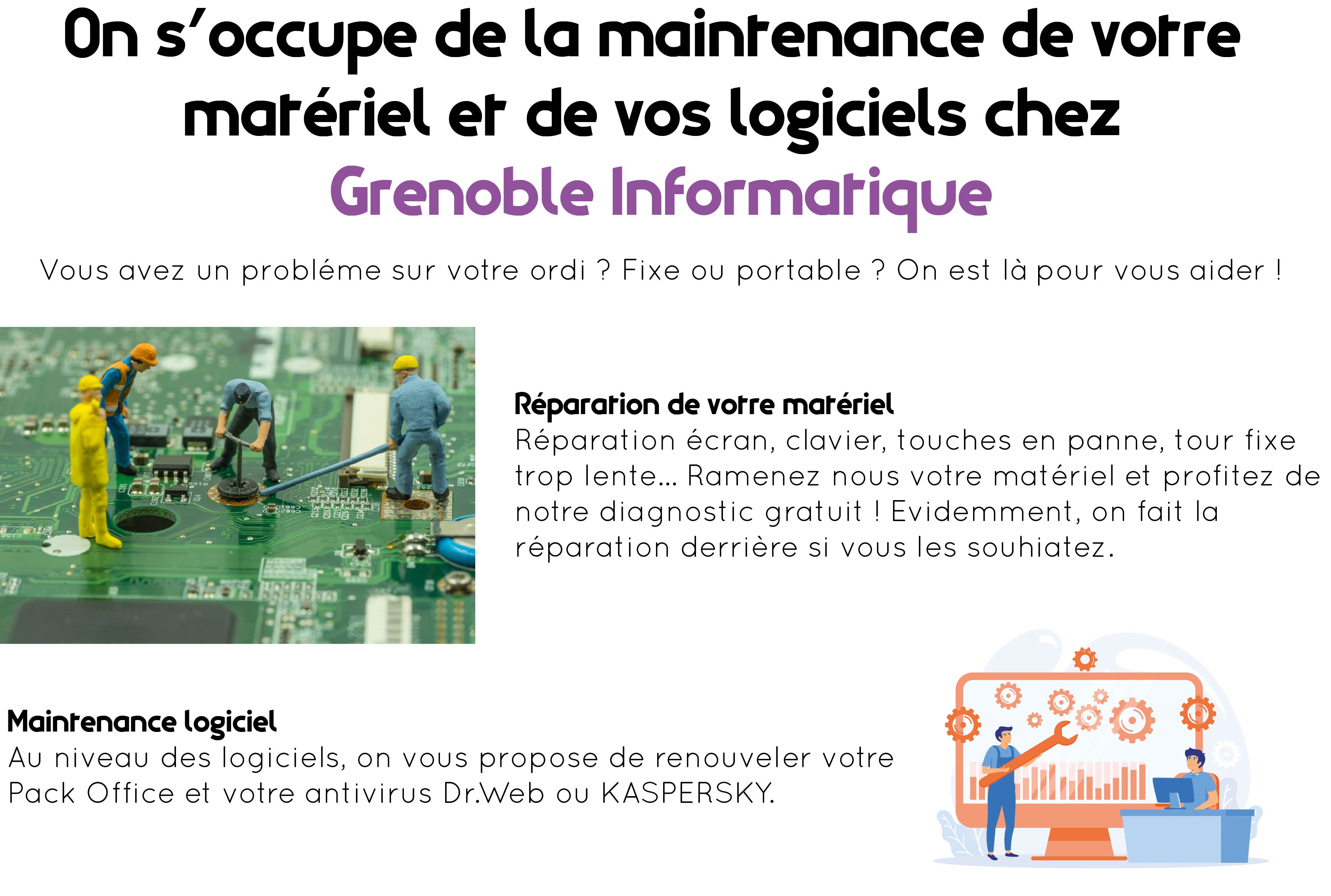 Dans la partie supérieure de l'image, au centre : "On s'occupe de la maintenance de votre matériel et de vos logiciels chez Grenoble Informatique". En dessous : "vous avez un problème sur votre ordi ? Fixe ou portable ? On est là pour vous aider !". Dans la partie centrale, on retrouve à gauhce une image de petits bonhommes qui réparent un ordinateur. A droite de l'image, paragraphe : "Réparation de votre matériel. Réparation écran, clavier, touches en panne, tour fixe trop lente... Ramenez nous votre matériel et profitez de notre diagnostic ratuit ! Evidemment, on fait la réparation derrière si vous le souhaitez.". Dans la partie inférieure, à gauche paragraphe : "Maintenance logiciel. Au niveau des logiciels, on vous propose de renouveler votre Pack Office et votre antivirus Dr. Web ou Kaspersky.". A droite du paragraphe, on retrouve un pictogramme avec un ordinateur orange, des engrenages et des barres de graphique à l'intérieur. Devant l'écran, il y a un monsieur en habit de travail avec une clé à molette dans les mains. A droite de celui-ci, un monsieur sur un bureau derrière un ordinateur qui travaille.