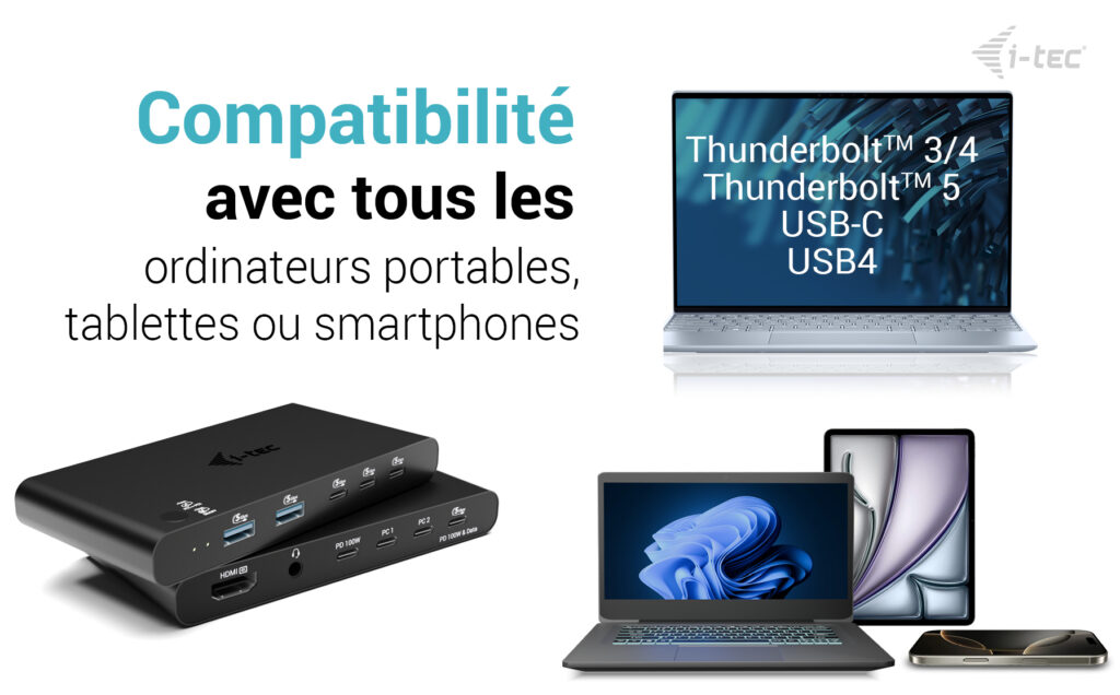 station d'accueil i-tec compatibilité avec tous les portables, tablettes, smartphone  photos de tous ce matériel ainsi que de la station i-tec